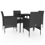 Set masă pentru grădină, 5 piese, cu perne, negru