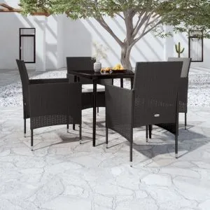 Set masă pentru grădină, 5 piese, cu perne, negru