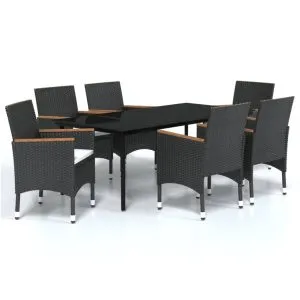 Set de masă pentru grădină, 7 piese, cu perne, negru