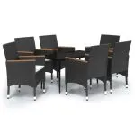 Set de masă pentru grădină, 7 piese, cu perne, negru