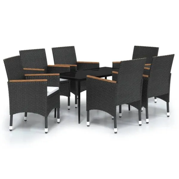 Set de masă pentru grădină, 7 piese, cu perne, negru
