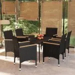 Set de masă pentru grădină, 7 piese, cu perne, negru