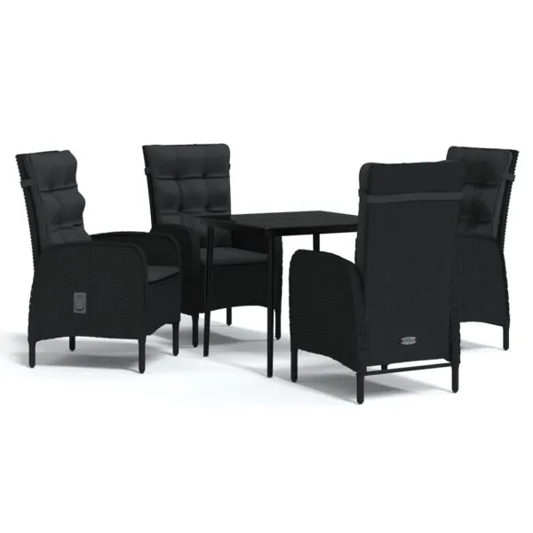Set masă pentru grădină, 5 piese, cu perne, negru