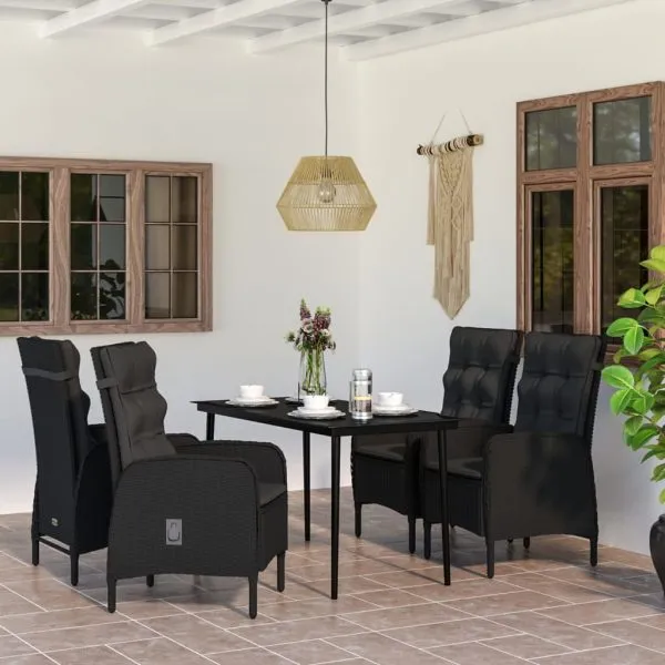 Set masă pentru grădină, 5 piese, cu perne, negru