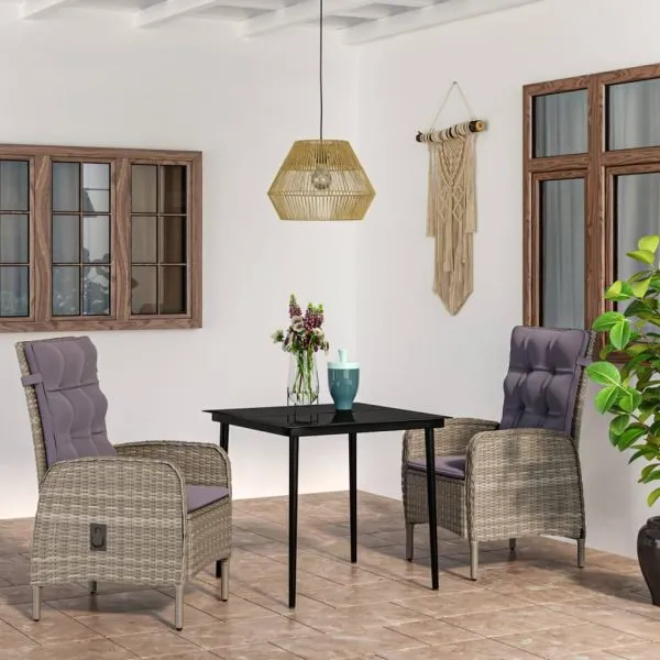 Set mobilier de grădină, cu perne, 3 piese, gri și negru