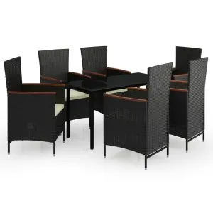 Set de masă pentru grădină, 7 piese, cu perne, negru