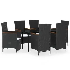 Set de masă pentru grădină, 7 piese, cu perne, negru