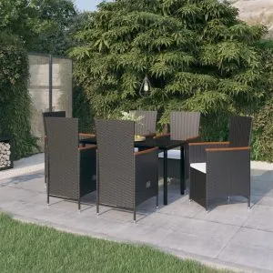Set de masă pentru grădină, 7 piese, cu perne, negru