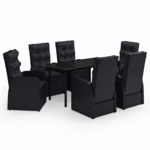 Set de masă pentru grădină, 7 piese, cu perne, negru