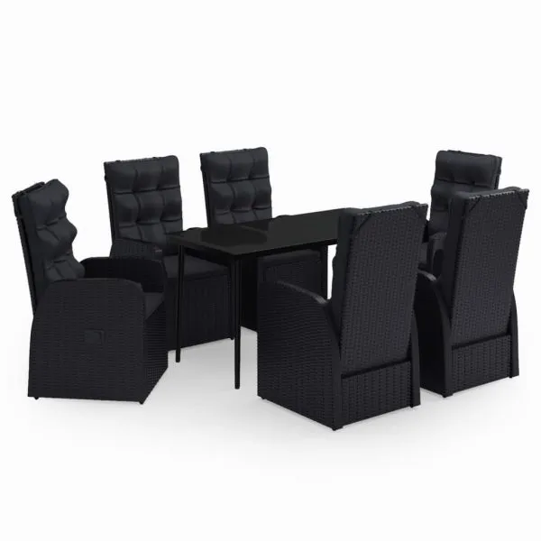 Set de masă pentru grădină, 7 piese, cu perne, negru