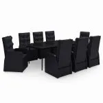 Set mobilier de grădină cu perne, 9 piese, negru