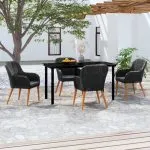 Set masă pentru grădină, 5 piese, cu perne, negru