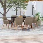 Set de masă pentru grădină, 7 piese, cu perne, maro