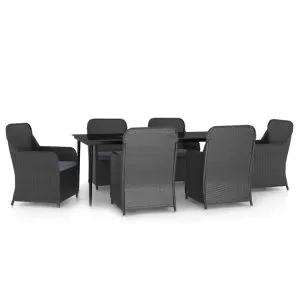 Set de masă pentru grădină, 7 piese, cu perne, negru