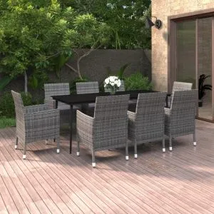 Set mobilier de grădină cu perne, 9 piese, poliratan și sticlă