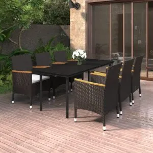 Set mobilier de grădină cu perne, 7 piese, poliratan și sticlă