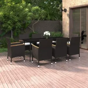 Set mobilier de grădină cu perne, 9 piese, poliratan și sticlă