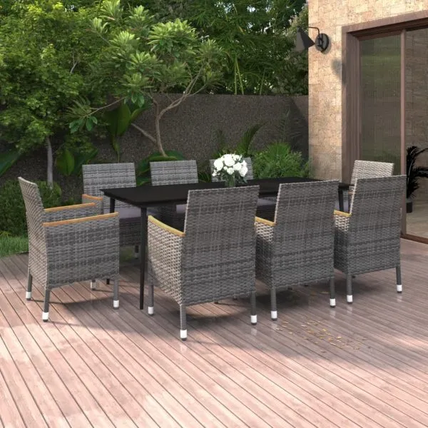 Set mobilier de grădină cu perne, 9 piese, poliratan și sticlă