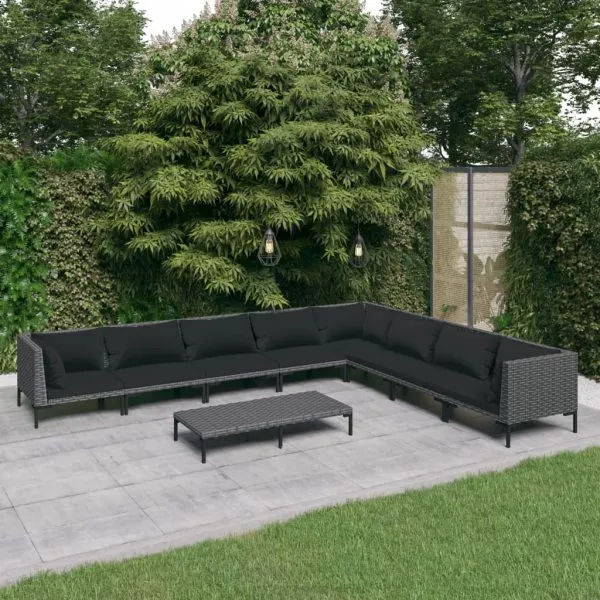 Set mobilier de grădină cu perne 9 piese gri închis poliratan
