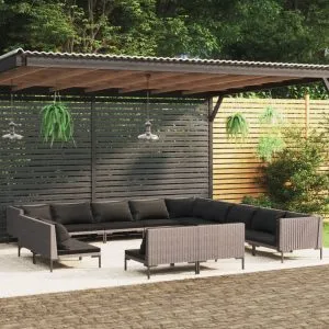 Set mobilier de grădină cu perne 13 piese gri închis poliratan