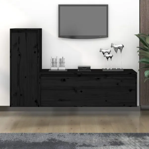 Comode TV, 2 buc., negru, lemn masiv de pin