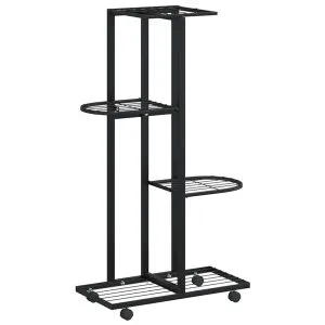 Suport de flori cu 4 etaje, cu roți, negru, 44x23x80 cm, fier