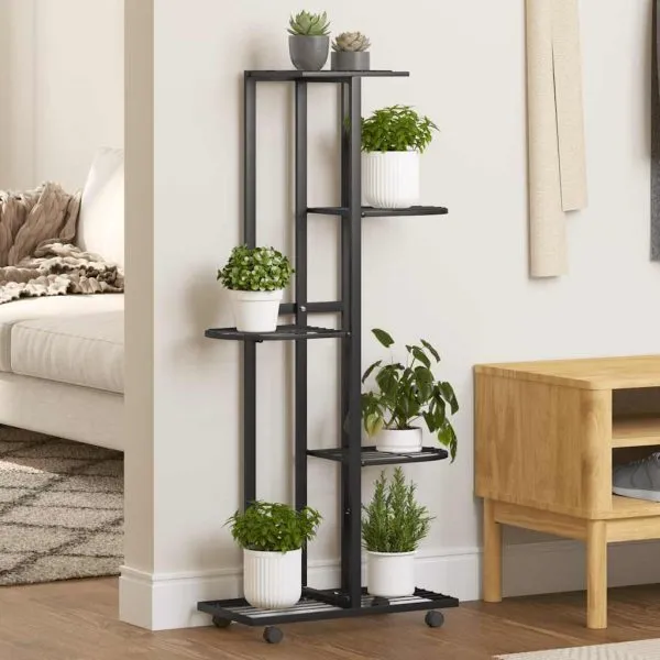 Suport de flori cu 5 etaje, cu roți, negru, 44x23x100 cm, fier