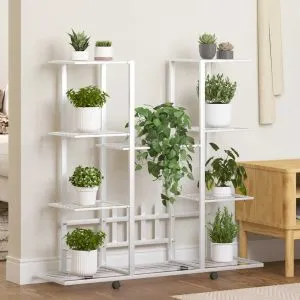 Suport pentru flori cu roți, 94,5×24,5×91,5 cm, alb, fier