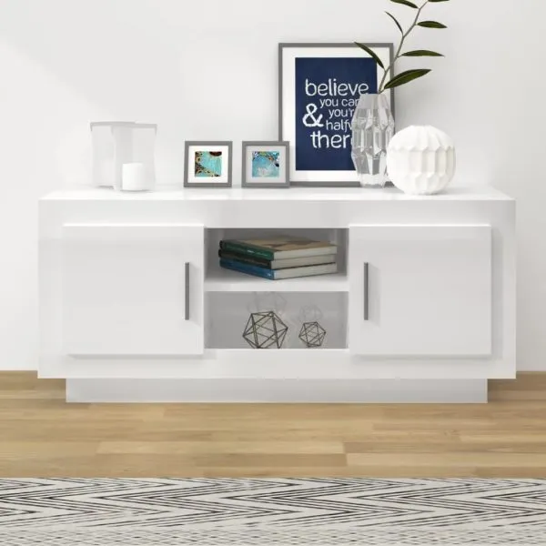 Comodă TV, alb extralucios, 102x35x45 cm, lemn prelucrat