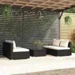 Set mobilier de grădină cu perne, 5 piese, negru, poliratan