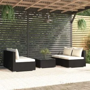 Set mobilier de grădină cu perne, 5 piese, negru, poliratan