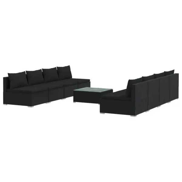 Set mobilier de grădină cu perne, 9 piese, negru, poliratan