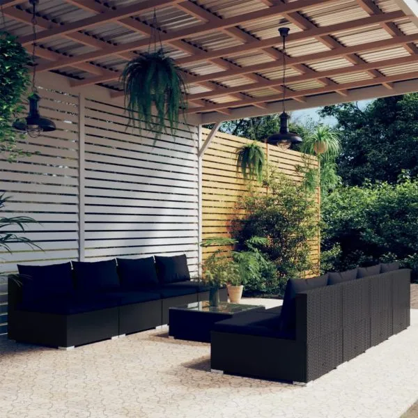 Set mobilier de grădină cu perne, 9 piese, negru, poliratan