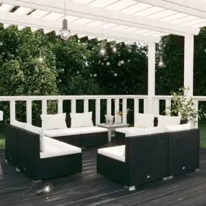 Set mobilier de grădină cu perne, 8 piese, negru, poliratan