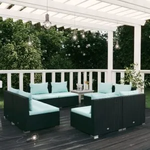 Set mobilier de grădină cu perne, 8 piese, negru, poliratan
