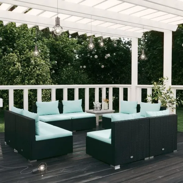 Set mobilier de grădină cu perne, 8 piese, negru, poliratan