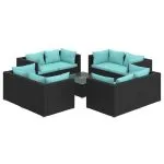 Set mobilier de grădină cu perne, 9 piese, negru, poliratan