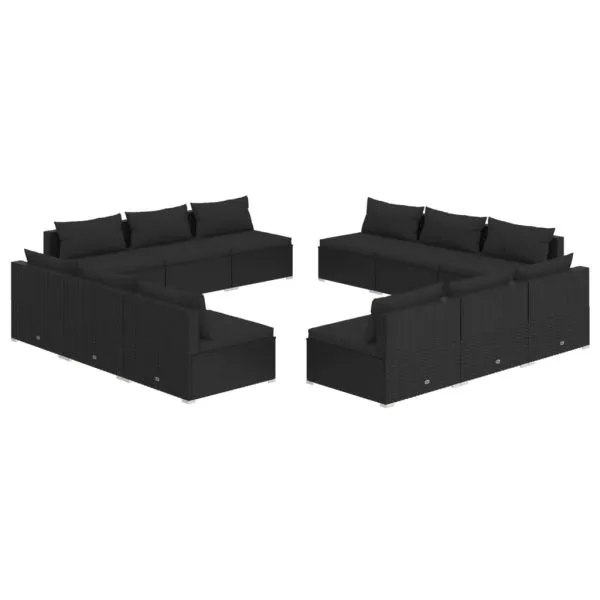 Set mobilier de grădină cu perne, 12 piese, negru, poliratan