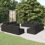 Set mobilier de grădină cu perne, 12 piese, negru, poliratan