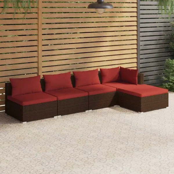 Set mobilier de grădină cu perne, 5 piese, maro, poliratan