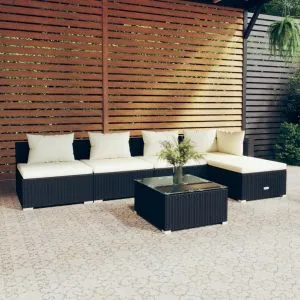 Set mobilier de grădină cu perne, 6 piese, negru, poliratan