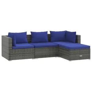 Set mobilier de grădină cu perne, 4 piese, poliratan, gri