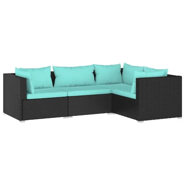 Set mobilier de grădină cu perne, 4 piese, negru, poliratan