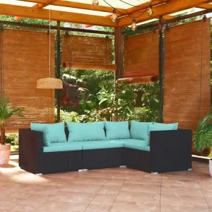 Set mobilier de grădină cu perne, 4 piese, negru, poliratan