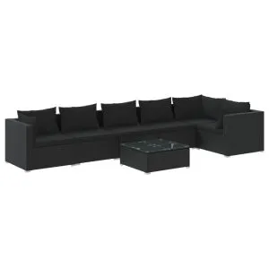 Set mobilier de grădină cu perne, 7 piese, negru, poliratan