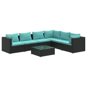 Set mobilier de grădină cu perne, 7 piese, negru, poliratan