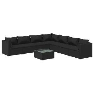 Set mobilier de grădină cu perne, 8 piese, negru, poliratan