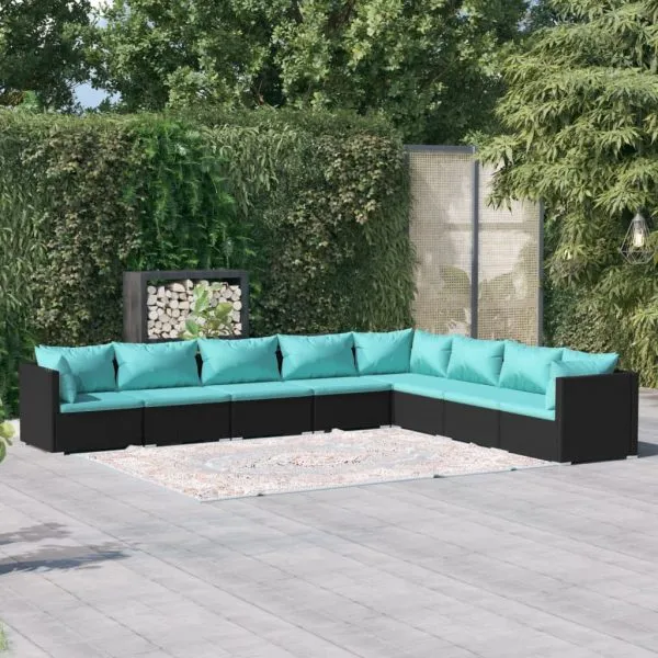 Set mobilier de grădină cu perne, 8 piese, negru, poliratan