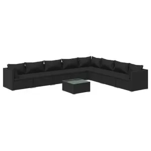 Set mobilier de grădină cu perne, 9 piese, negru, poliratan
