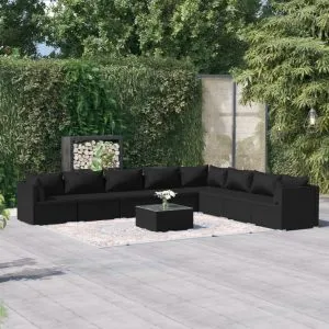 Set mobilier de grădină cu perne, 9 piese, negru, poliratan
